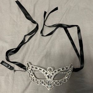 Charming Charlie Masquerade Mask Silver Rhinestones Black Ribbon Ties